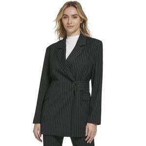 Calvin Klein Women's Pinstripe Belted Jacket Black White NWT Size 4